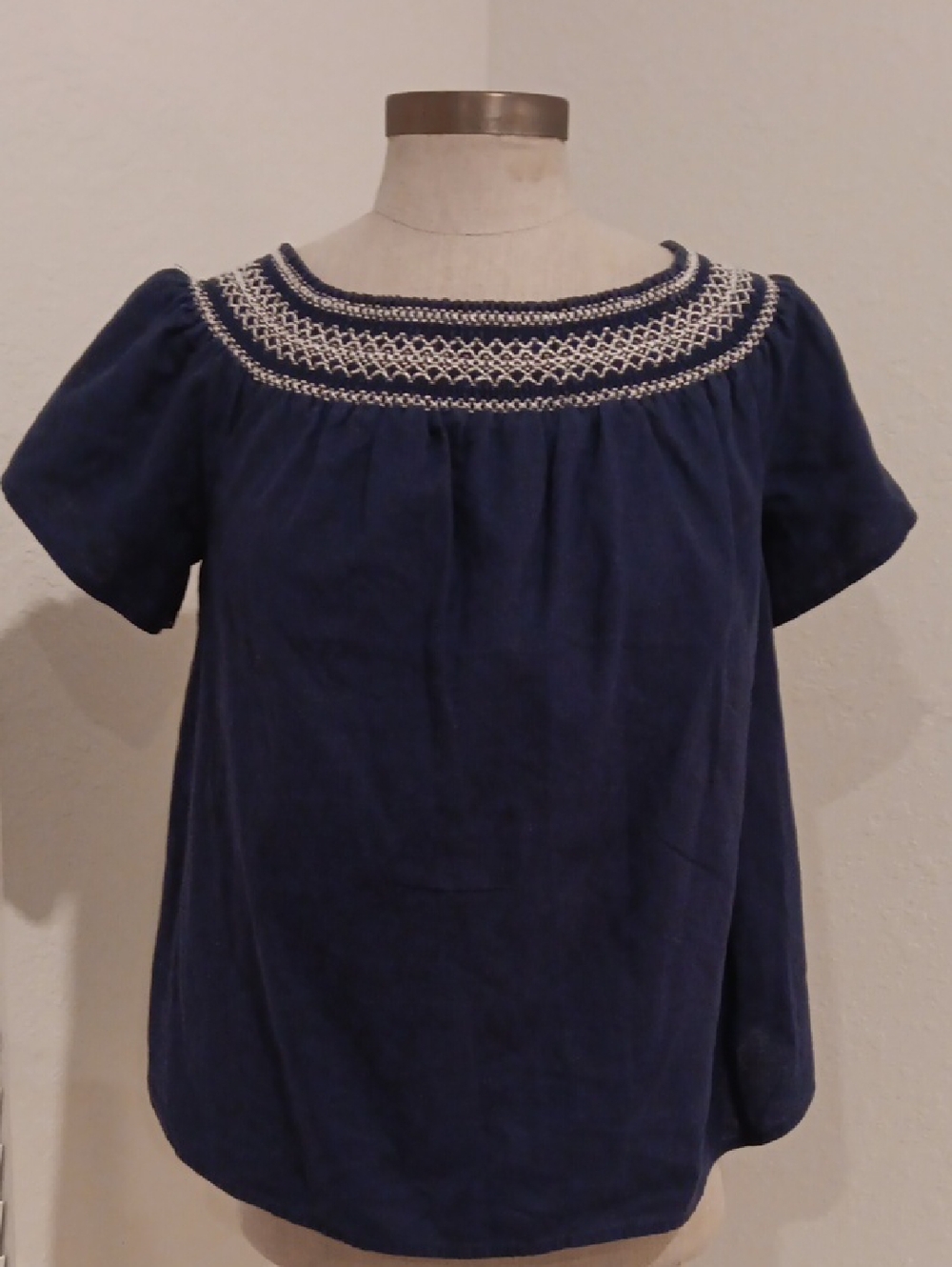 Vineyard Vines Navy Short Sleeve Top with White Embroidered Yoke Detail